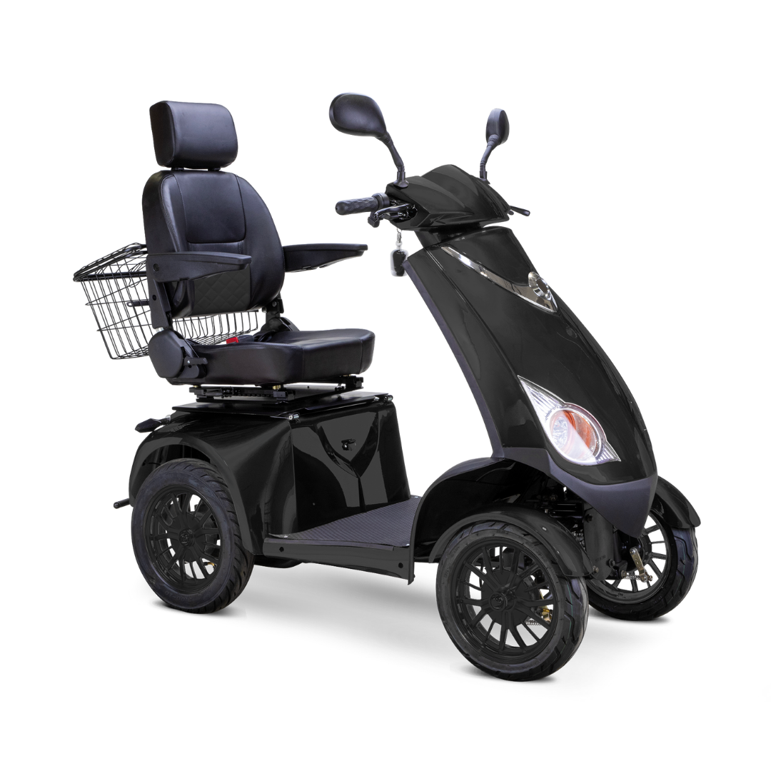 The Bespoke Platinum Recreational 4-Wheel Scooter with Electric Brake Assist features a high-backed seat, armrests, handlebars, headlights, rear metal basket, and a high-performance motor for reliable personal mobility.